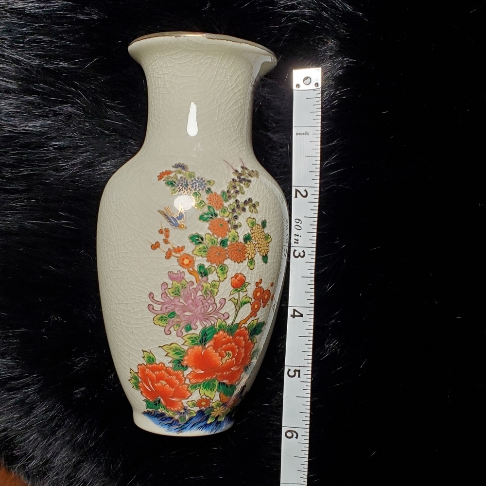 Floral Ceramic Vase with Crackle Glaze - Picture 7 of 10